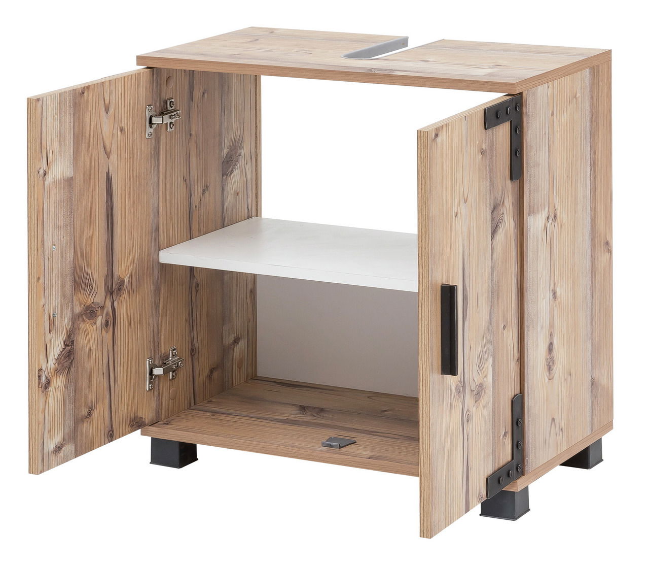 Waschbeckenunterschrank aus Holz mit geöffneter Doppeltür, Innenansicht mit einem Regalbrett, Perspektive von vorne