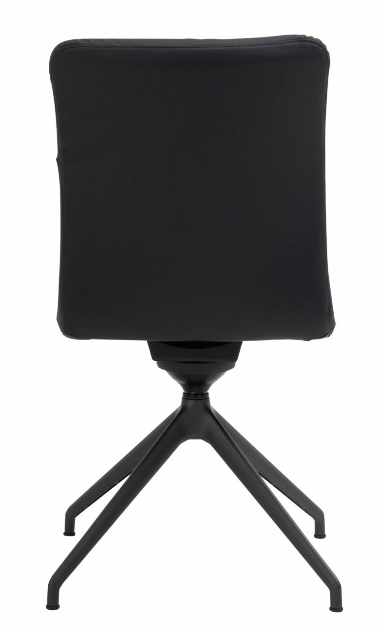 Rückansicht eines schwarzen Stuhls mit vierbeinigem Metallgestell