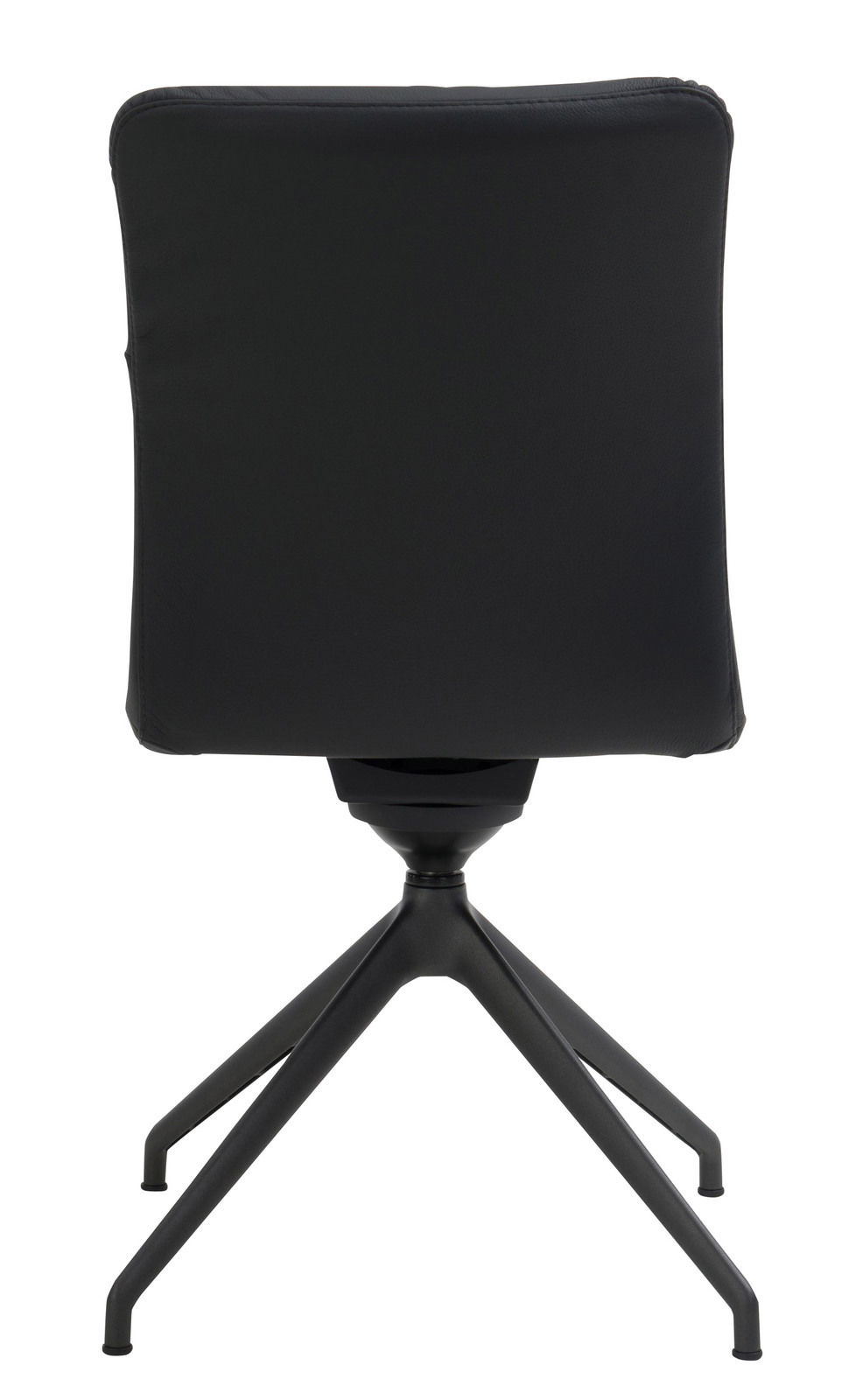 Rückansicht eines schwarzen Stuhls mit vierbeinigem Metallgestell
