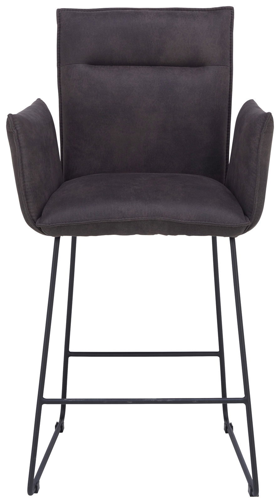 Barsessel in dunklem Stoff mit Armlehnen und Metallgestell, Frontalansicht