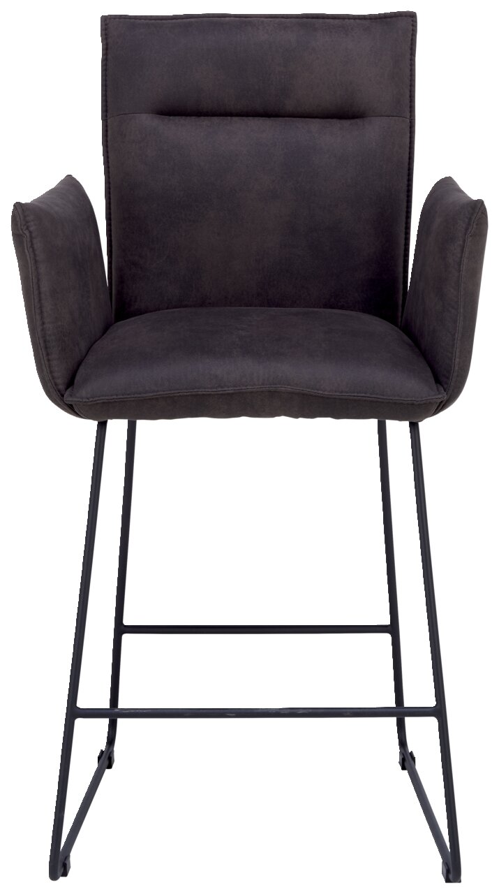 Barsessel in dunklem Stoff mit Armlehnen und Metallgestell, Frontalansicht