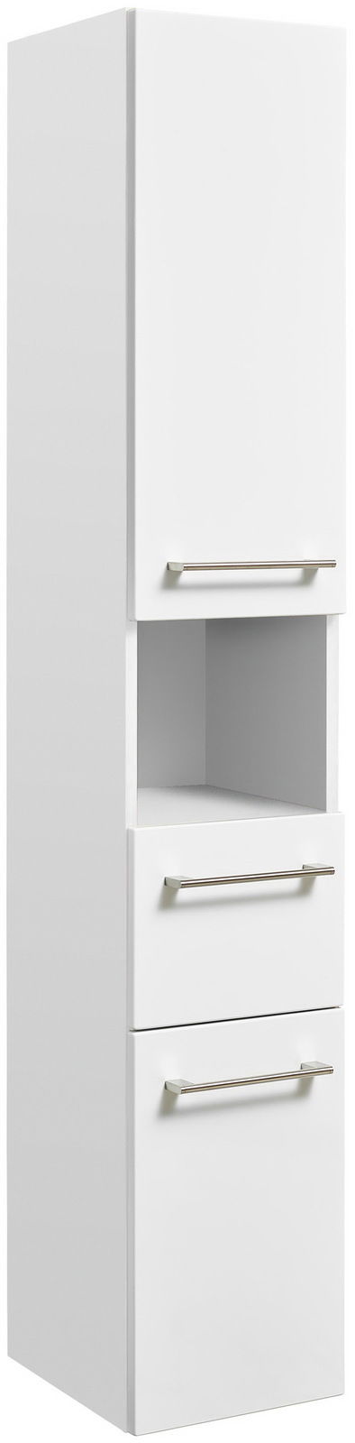 Weißer Hochschrank mit zwei Schubladen und einem offenen Fach, seitliche Perspektive