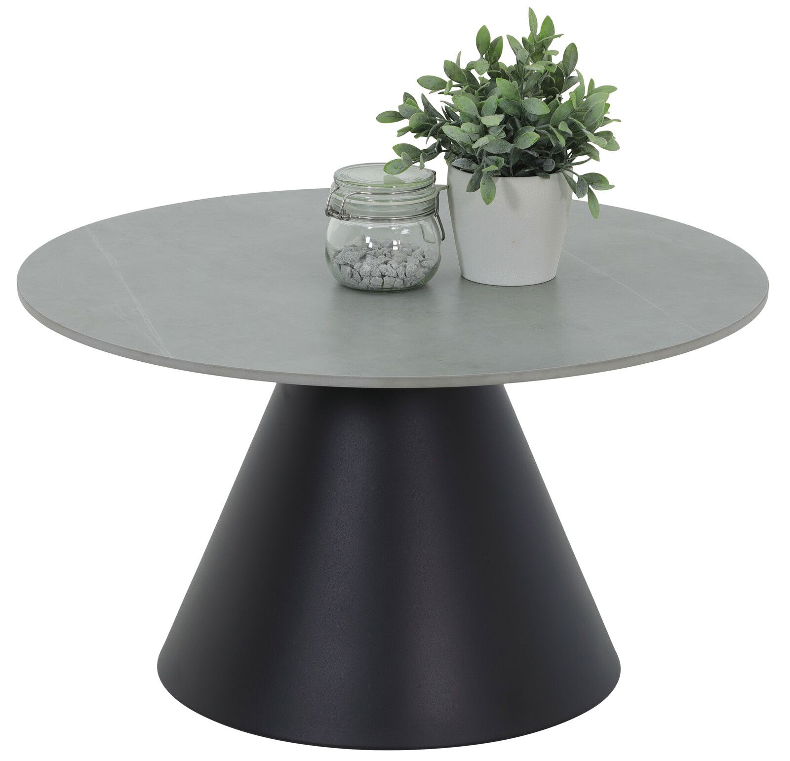 Moderner Couchtisch mit runder grauer Tischplatte und konischem schwarzen Fuß, dekoriert mit einer Pflanze und einem Glasgefäß, seitliche Perspektive.