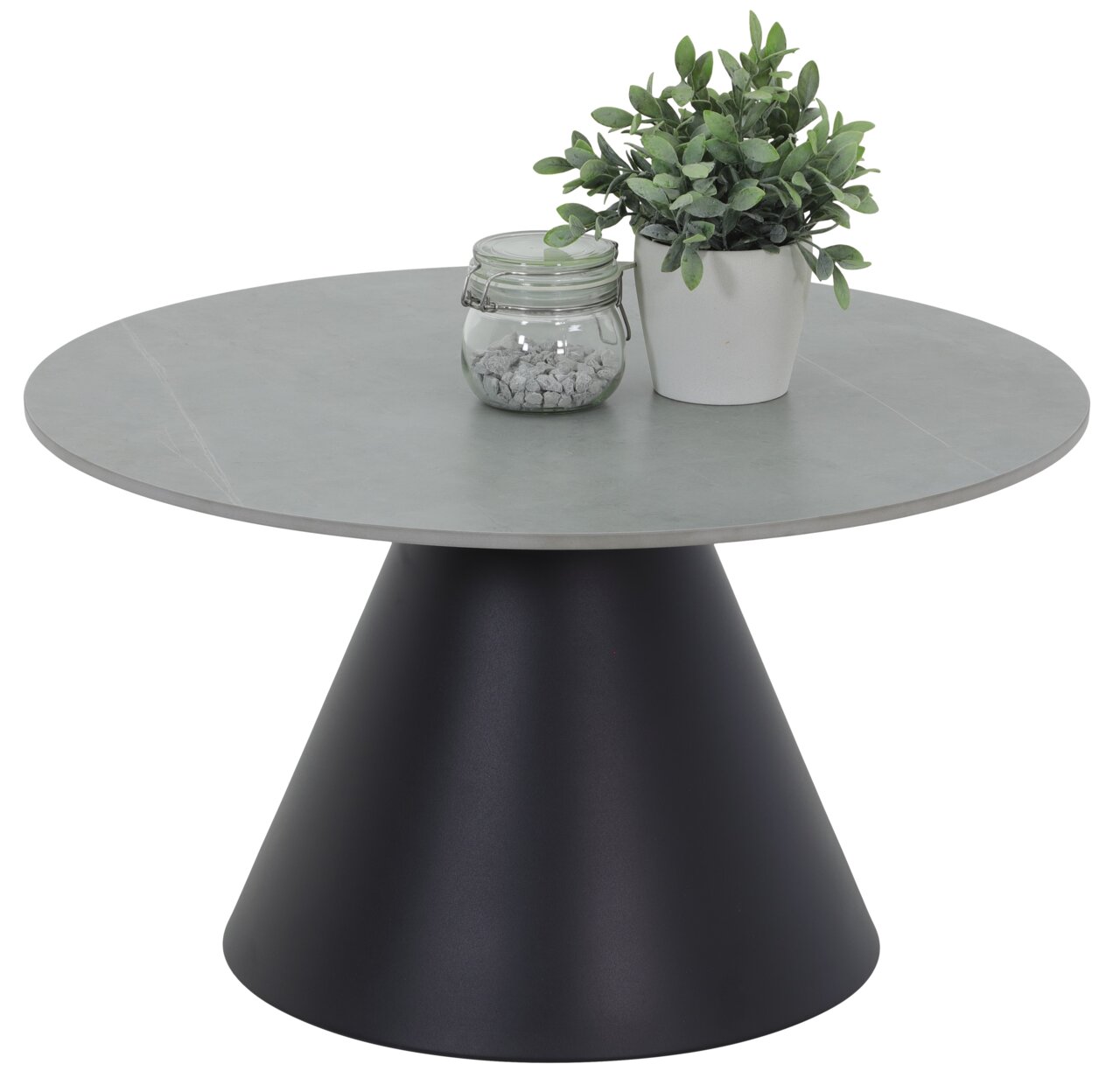 Moderner Couchtisch mit runder grauer Tischplatte und konischem schwarzen Fuß, dekoriert mit einer Pflanze und einem Glasgefäß, seitliche Perspektive.