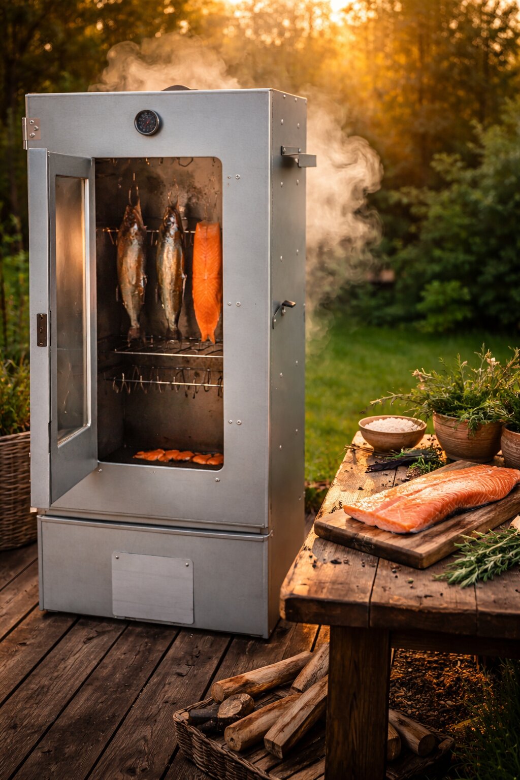 Geöffneter Edelstahl-Räucherofen mit Thermometer, rauchendem Fisch und Lachs im Garten, aus schräger Vorderansicht fotografiert