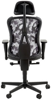 Rückansicht eines Gamingstuhls mit Camouflage-Muster und verstellbarer Kopfstütze.