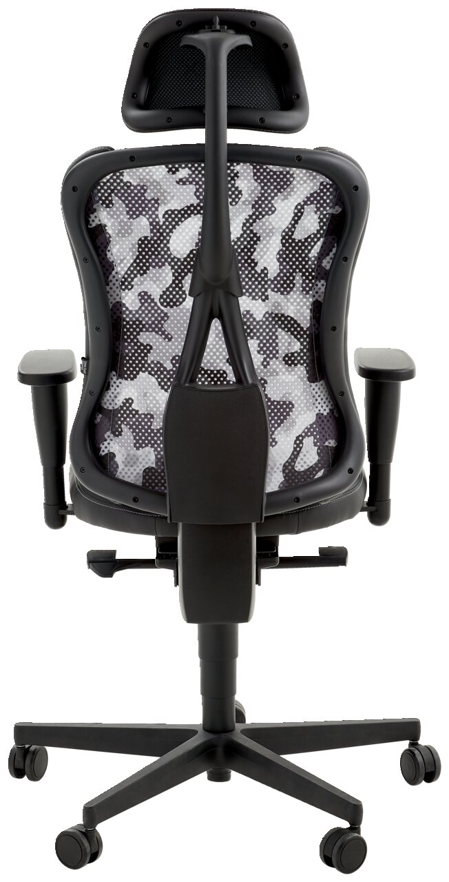 Achterkant van een gamingstoel met camouflagepatroon en verstelbare hoofdsteun.