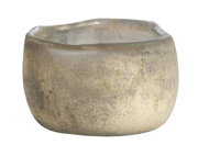Rustikales Teelicht aus Glas in natürlichem Beige, seitliche Perspektive