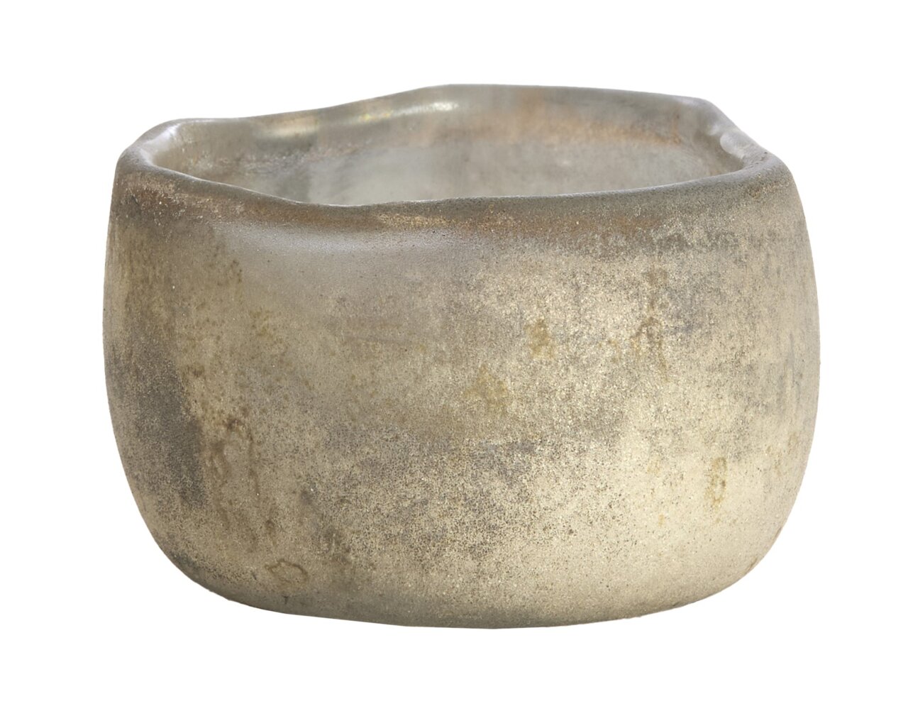 Rustikales Teelicht aus Glas in natürlichem Beige, seitliche Perspektive