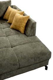 Detailansicht einer grauen, gepolsterten Chaiselongue/Sofa-Liege mit gesteppter Sitzfläche, Armlehne und zwei gelben Zierkissen, fotografiert aus schräger Vogelperspektive von oben.