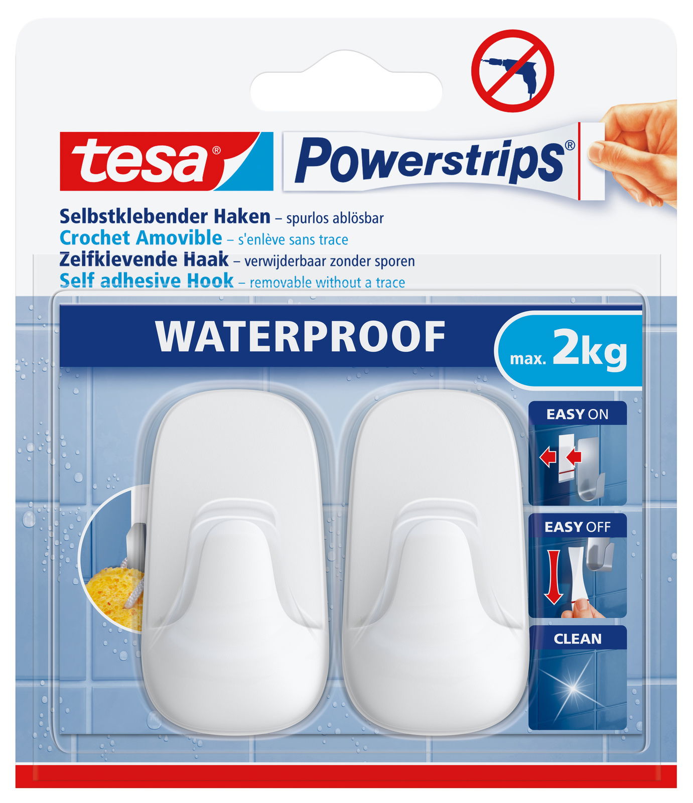Verpackung von tesa Powerstrips Waterproof Haken, selbstklebend und spurlos ablösbar, geeignet für bis zu 2 kg, in Frontalansicht.