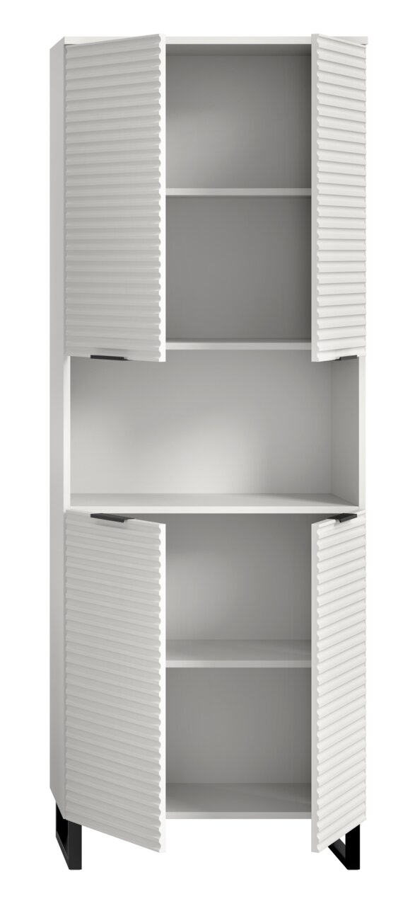 Weißer Hochschrank mit offenen Lamellentüren, zwei Einlegeböden und schwarzem Sockel, Frontalansicht