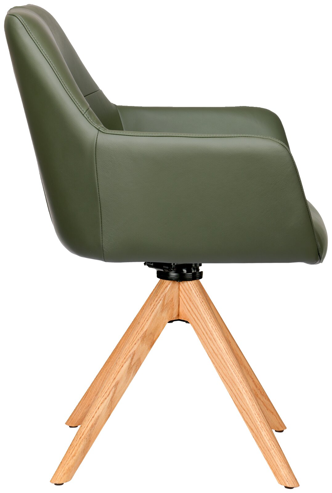 Groene fauteuil met houten poten, zijaanzicht