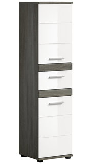 Moderner Standschrank mit weiß glänzenden Fronten und dunklem Holzdekor, seitliche Perspektive