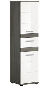 Moderner Standschrank mit weiß glänzenden Fronten und dunklem Holzdekor, seitliche Perspektive