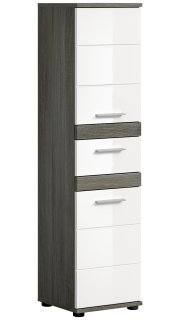 Moderner Standschrank mit weiß glänzenden Fronten und dunklem Holzdekor, seitliche Perspektive