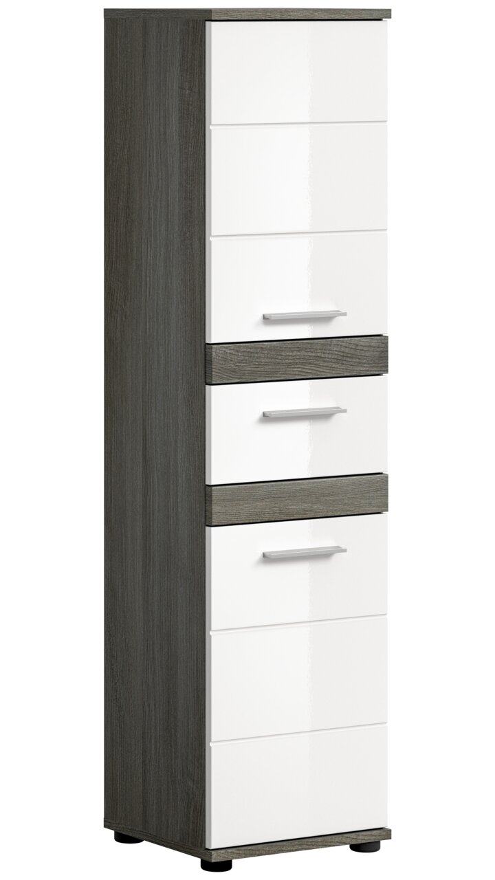 Moderner Standschrank mit weiß glänzenden Fronten und dunklem Holzdekor, seitliche Perspektive