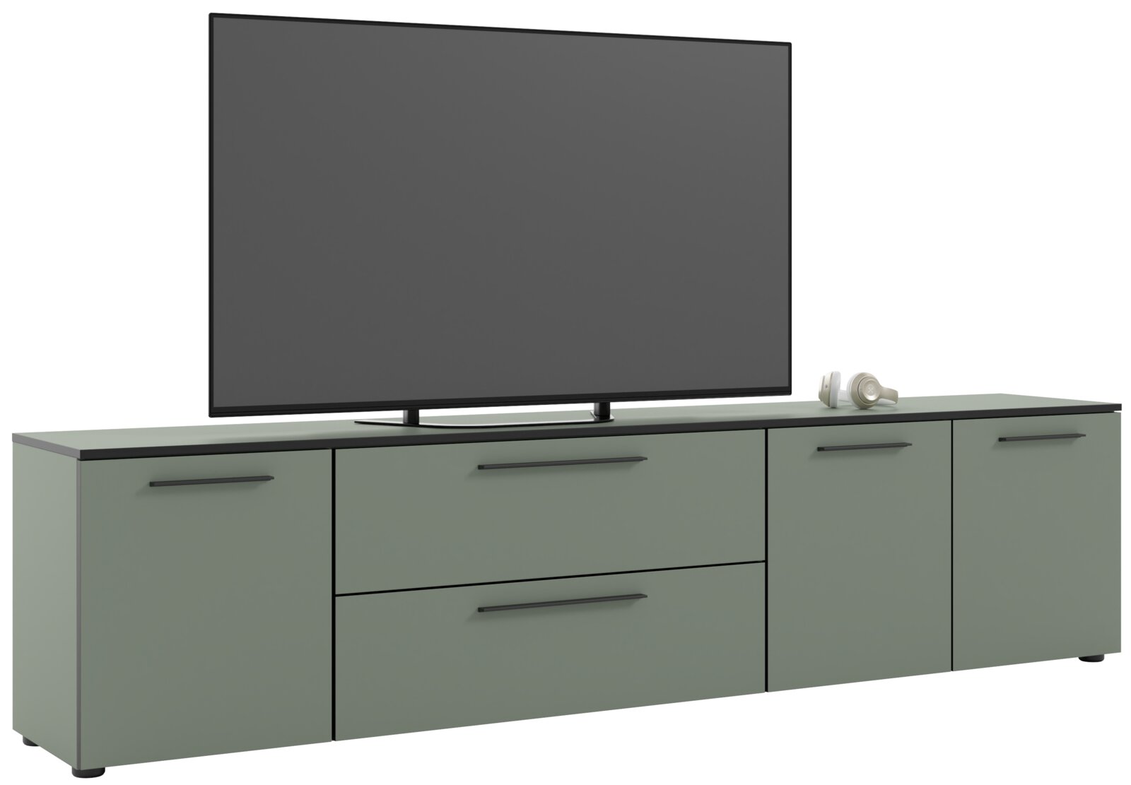 XL-TV-Lowboard in modernem Design, seitliche Perspektive, mit großem Fernseher und Kopfhörern darauf.