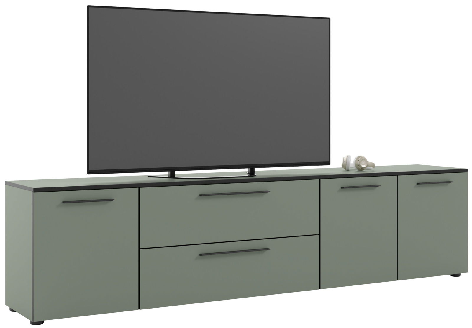 XL-TV-Lowboard in modernem Design, seitliche Perspektive, mit großem Fernseher und Kopfhörern darauf.