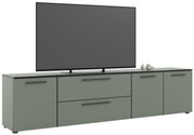XL-TV-Lowboard in modernem Design, seitliche Perspektive, mit großem Fernseher und Kopfhörern darauf.