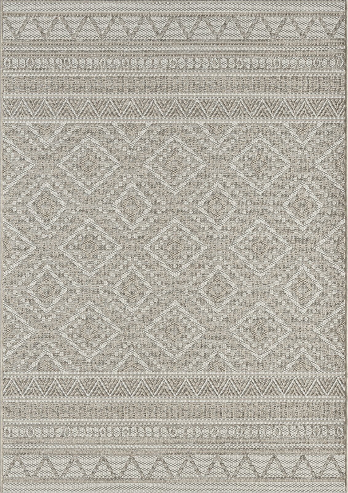 Frontalansicht von einem rechteckigen Teppich in Beige und Creme mit gewebtem Ethno-Muster aus Rauten und Bordüren
