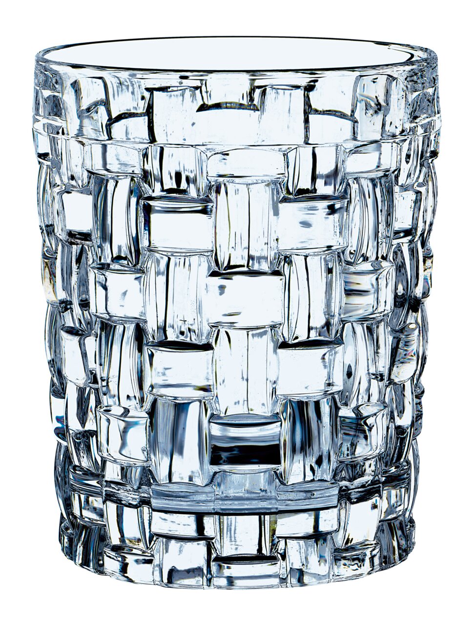 Nachtmann Whiskybecher BOSSA NOVA Nahaufnahme eines Whiskybechers Bossa Nova mit geflochtenem Kristalldesign, frontal betrachtet.