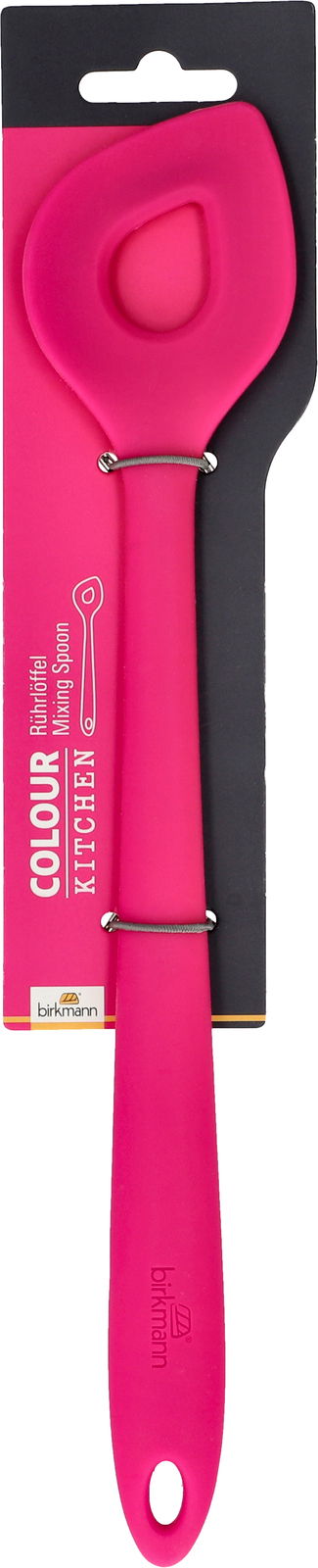 Rührlöffel in Pink, Vorderansicht, auf Verpackung montiert