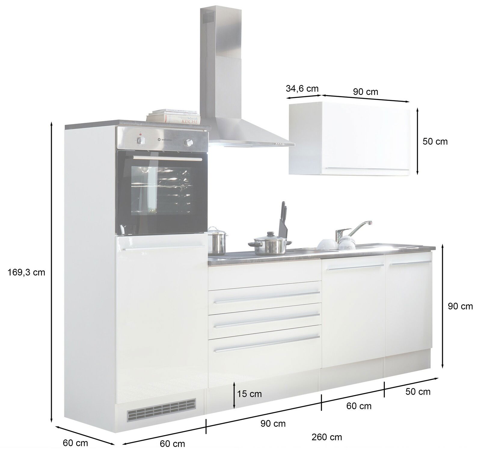 Küchenblock 260 JAZZ in weißer Farbe mit integriertem Backofen, Herd und Spüle, seitliche Perspektive