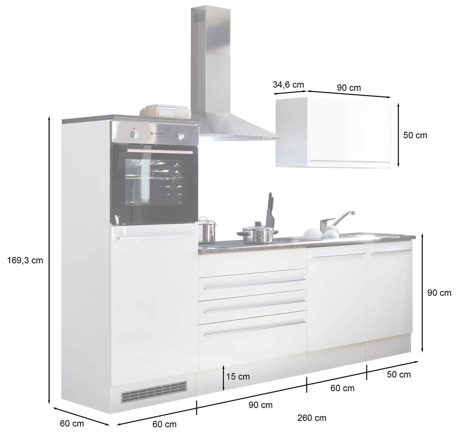 Küchenblock 260 JAZZ in weißer Farbe mit integriertem Backofen, Herd und Spüle, seitliche Perspektive