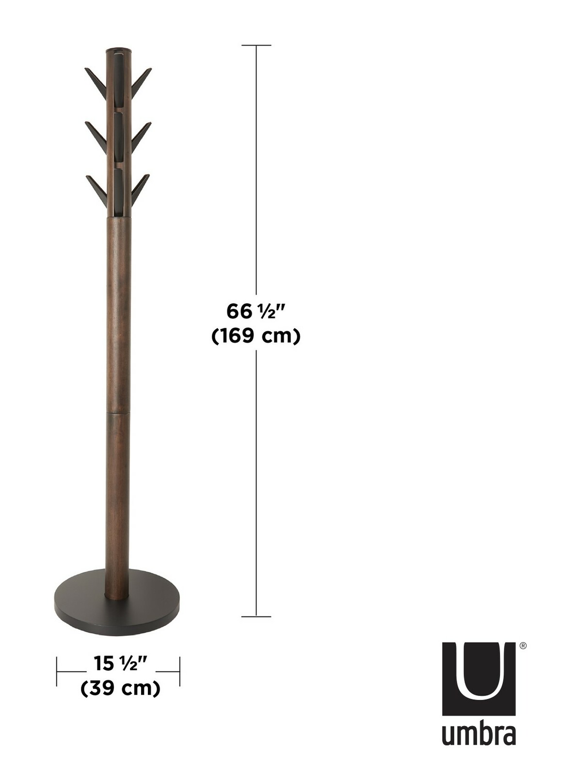 Moderner Garderobenständer Umbra FLAPPER in Holzoptik, 169 cm hoch, mit mehreren Haken, seitliche Perspektive.