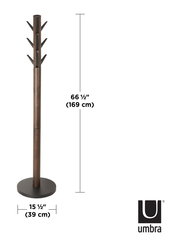 Moderner Garderobenständer Umbra FLAPPER in Holzoptik, 169 cm hoch, mit mehreren Haken, seitliche Perspektive.