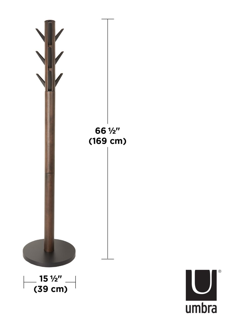 Moderner Garderobenständer Umbra FLAPPER in Holzoptik, 169 cm hoch, mit mehreren Haken, seitliche Perspektive.