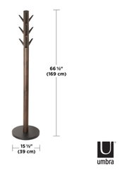 Moderner Garderobenständer Umbra FLAPPER in Holzoptik, 169 cm hoch, mit mehreren Haken, seitliche Perspektive.