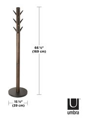 Moderner Garderobenständer Umbra FLAPPER in Holzoptik, 169 cm hoch, mit mehreren Haken, seitliche Perspektive.