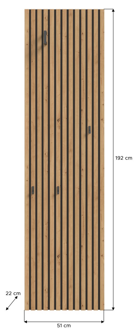 Houten garderobepaneel met verticale zwarte strepen, vooraanzicht, afmetingen 192 cm x 51 cm x 22 cm