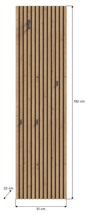 Houten garderobepaneel met verticale zwarte strepen, vooraanzicht, afmetingen 192 cm x 51 cm x 22 cm