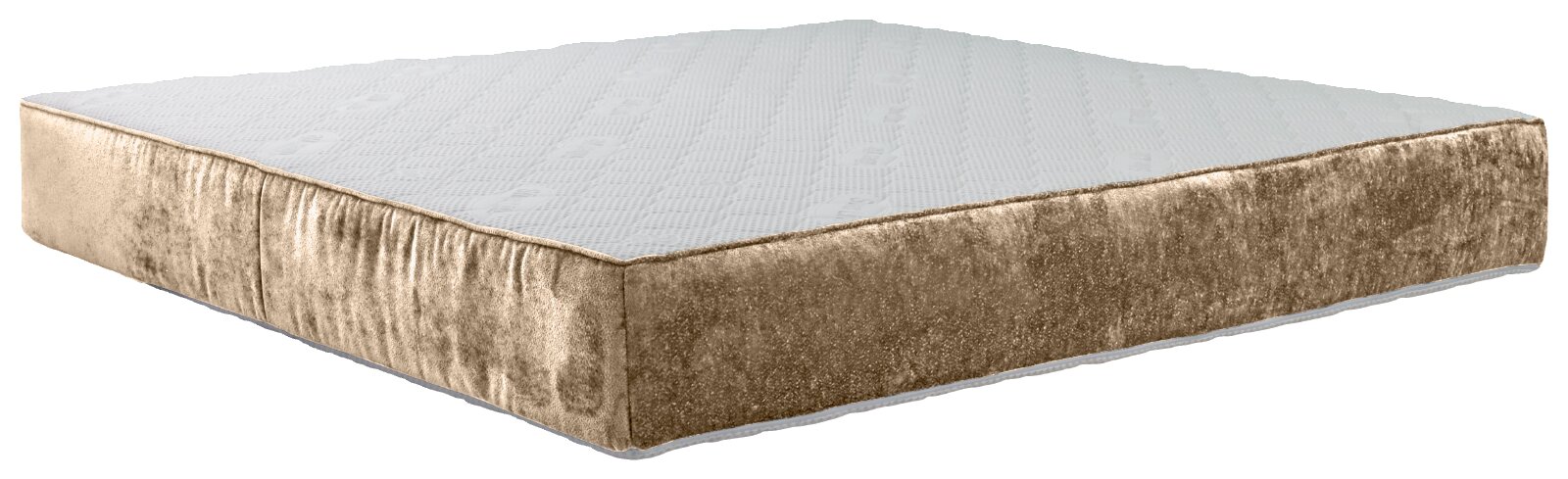 Rechthoekig matras met lichtgrijs gewatteerd bovenvlak en beige fluwelen zijkanten, gefotografeerd in schuin bovenaanzicht (3/4) op witte achtergrond