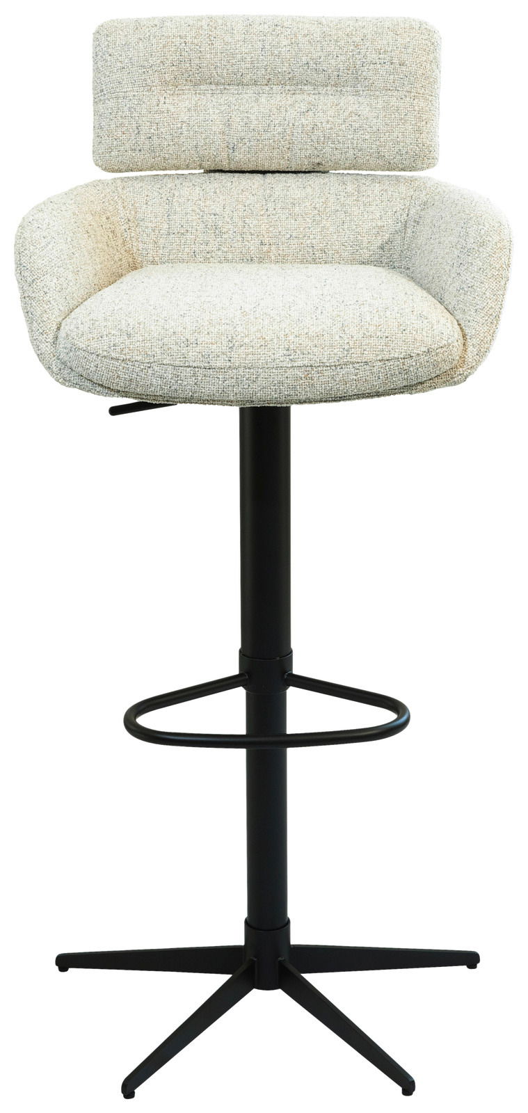 Moderner Barhocker mit gepolsterter Rückenlehne und Sitzfläche in hellem Stoff, schwarzem Metallgestell und Fußstütze, Frontalansicht.