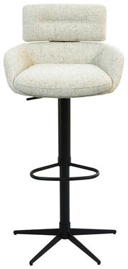 Moderner Barhocker mit gepolsterter Rückenlehne und Sitzfläche in hellem Stoff, schwarzem Metallgestell und Fußstütze, Frontalansicht.