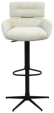Moderner Barhocker mit gepolsterter Rückenlehne und Sitzfläche in hellem Stoff, schwarzem Metallgestell und Fußstütze, Frontalansicht.