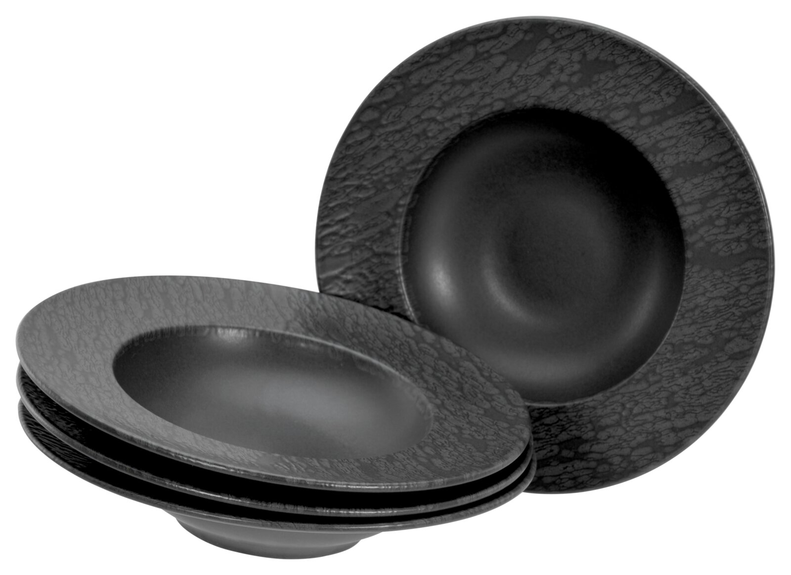 Creatable Pastateller 4-tlg SCHIEFER Schwarzes Teller- und Schüssel-Set mit strukturierter Oberfläche, schräg von vorne auf weißem Hintergrund fotografiert