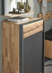 Moderner, schmaler Schuhschrank aus Holz mit dunkler Front, seitliche Perspektive