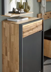 Moderner, schmaler Schuhschrank aus Holz mit dunkler Front, seitliche Perspektive