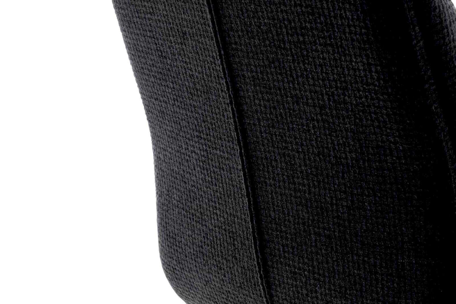 Nahaufnahme der Rückseite eines Barstuhls mit schwarzem Stoffbezug.