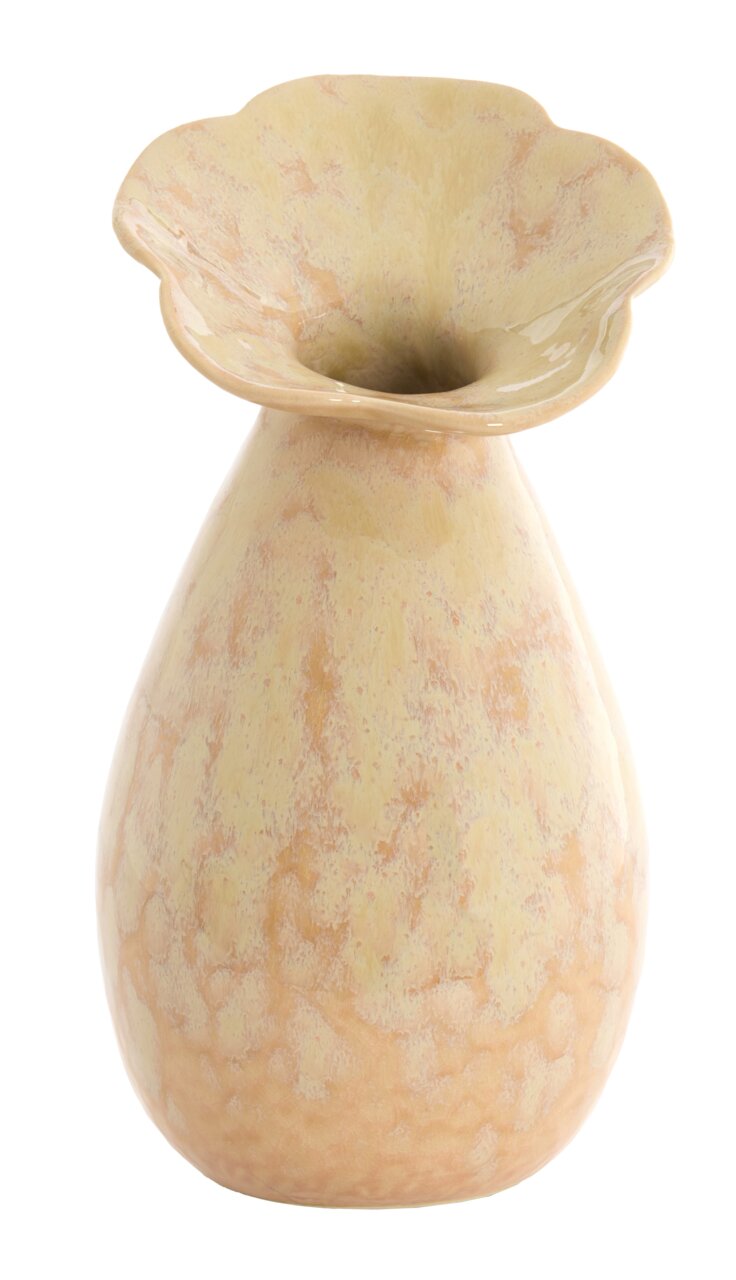 Keramikvase mit breitem, gewelltem Rand in sanften Beige- und Cremetönen, Frontalansicht