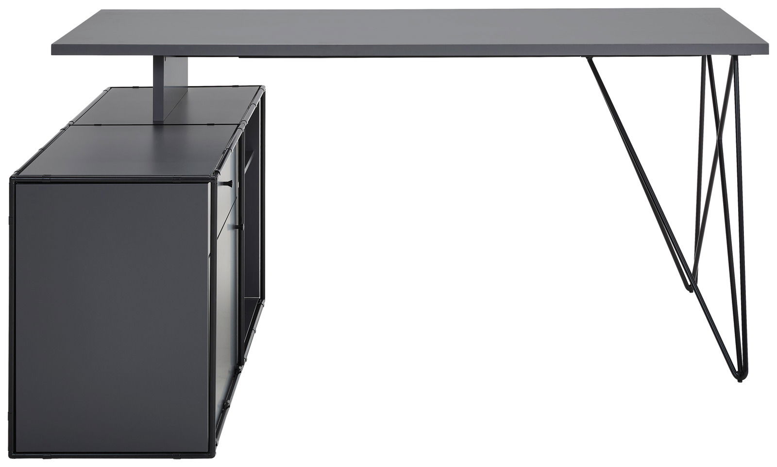 Seitliche Ansicht eines modernen Winkelschreibtischs mit integrierter Kommode in dunklem Design.