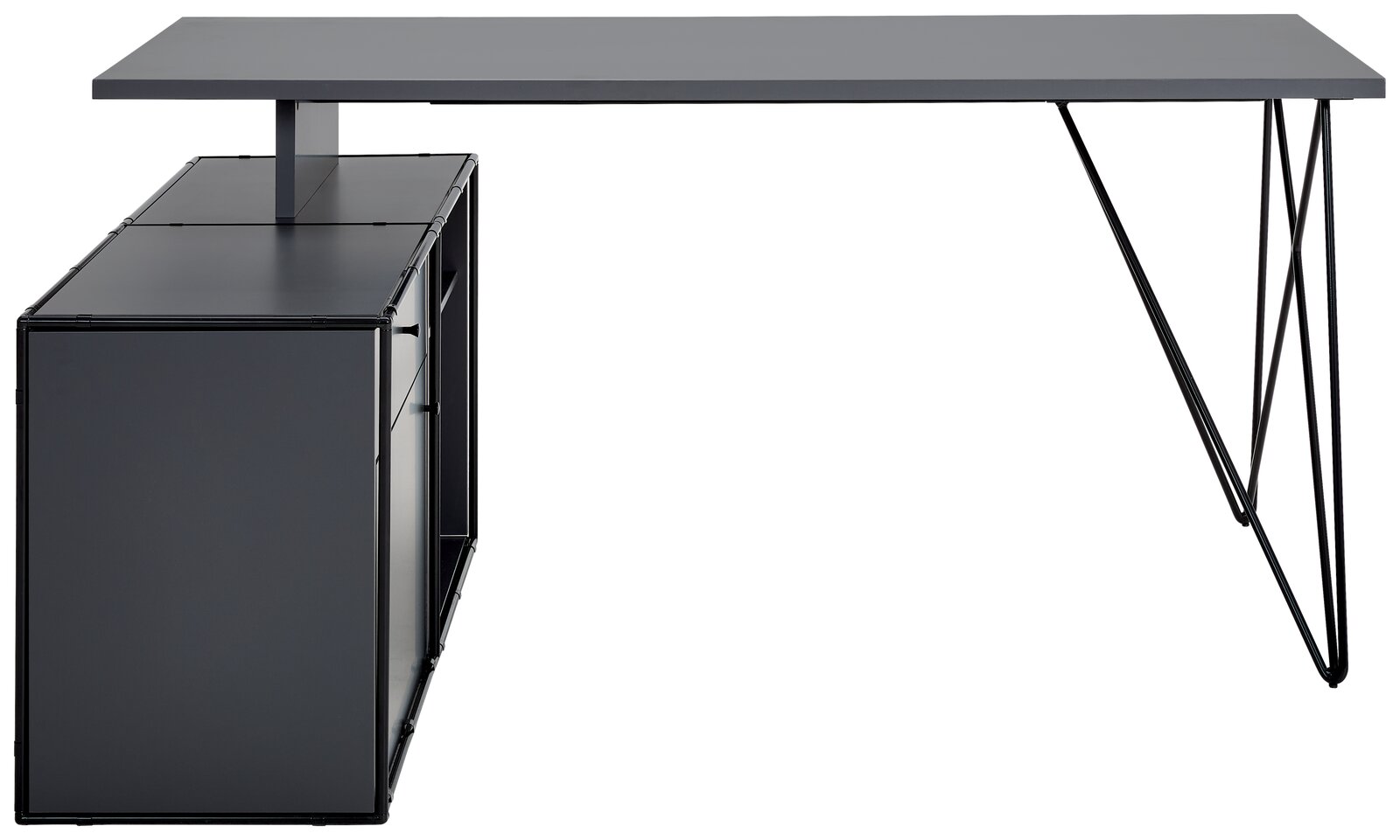 Seitliche Ansicht eines modernen Winkelschreibtischs mit integrierter Kommode in dunklem Design.