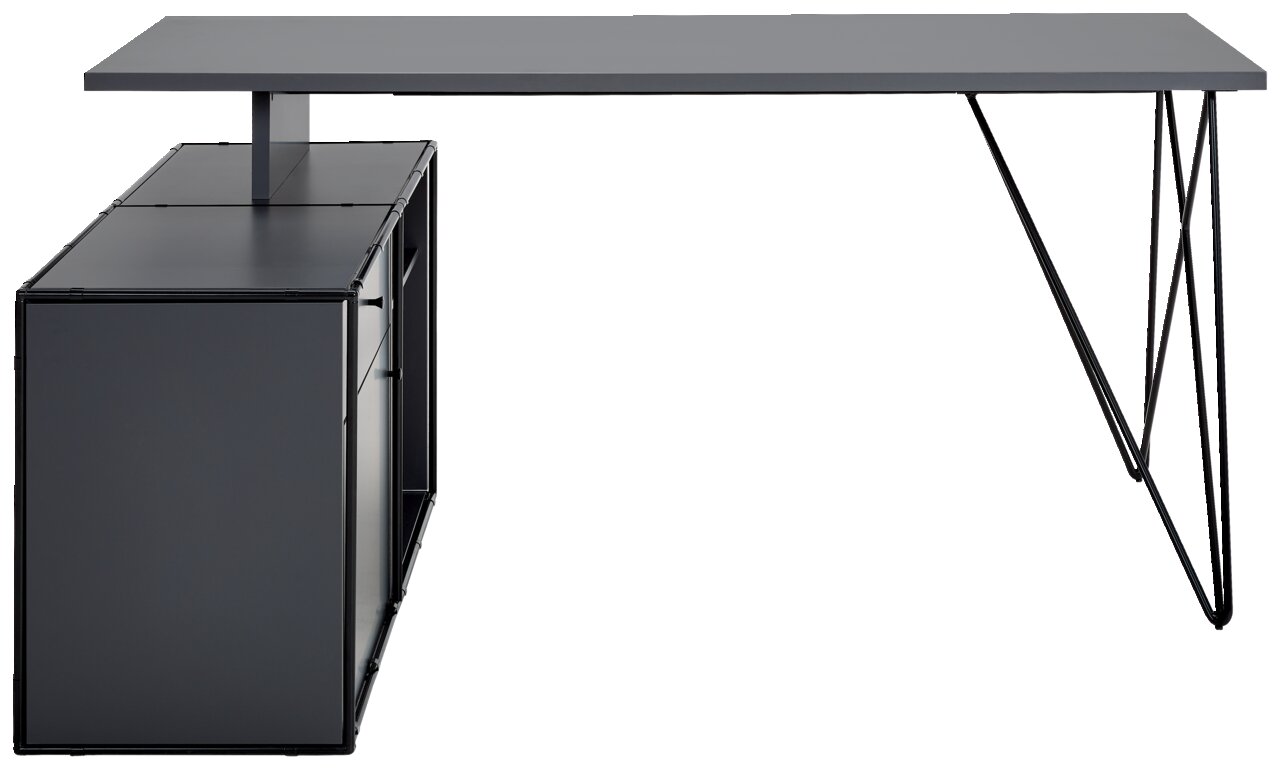 Seitliche Ansicht eines modernen Winkelschreibtischs mit integrierter Kommode in dunklem Design.