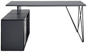 Seitliche Ansicht eines modernen Winkelschreibtischs mit integrierter Kommode in dunklem Design.