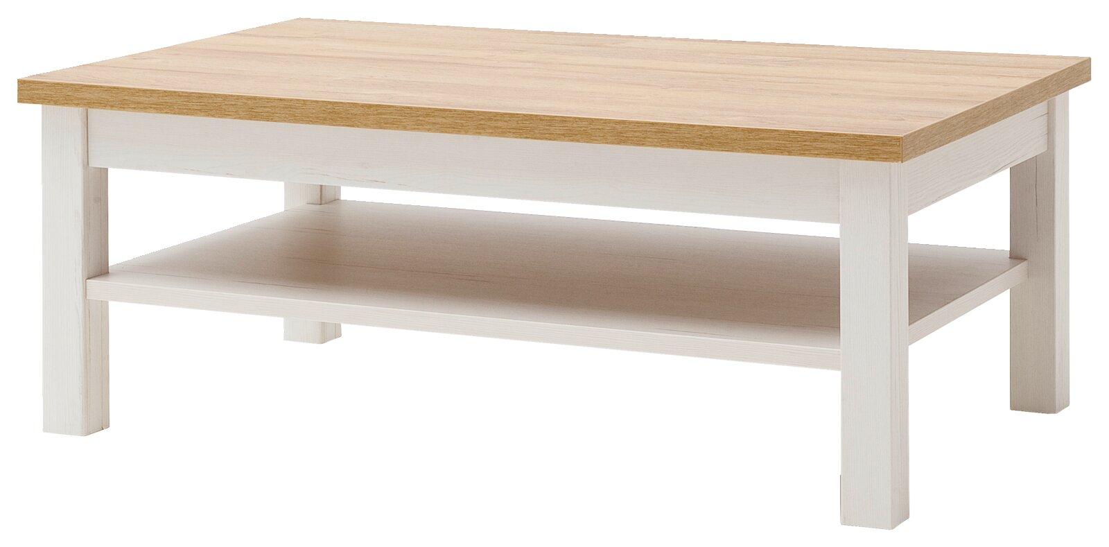 Landscape Salontafel BREGENZ Rechteckiger Couchtisch in Weiß mit naturfarbener Holzplatte und Ablagefach, schräg von vorne in leichter Draufsicht freigestellt